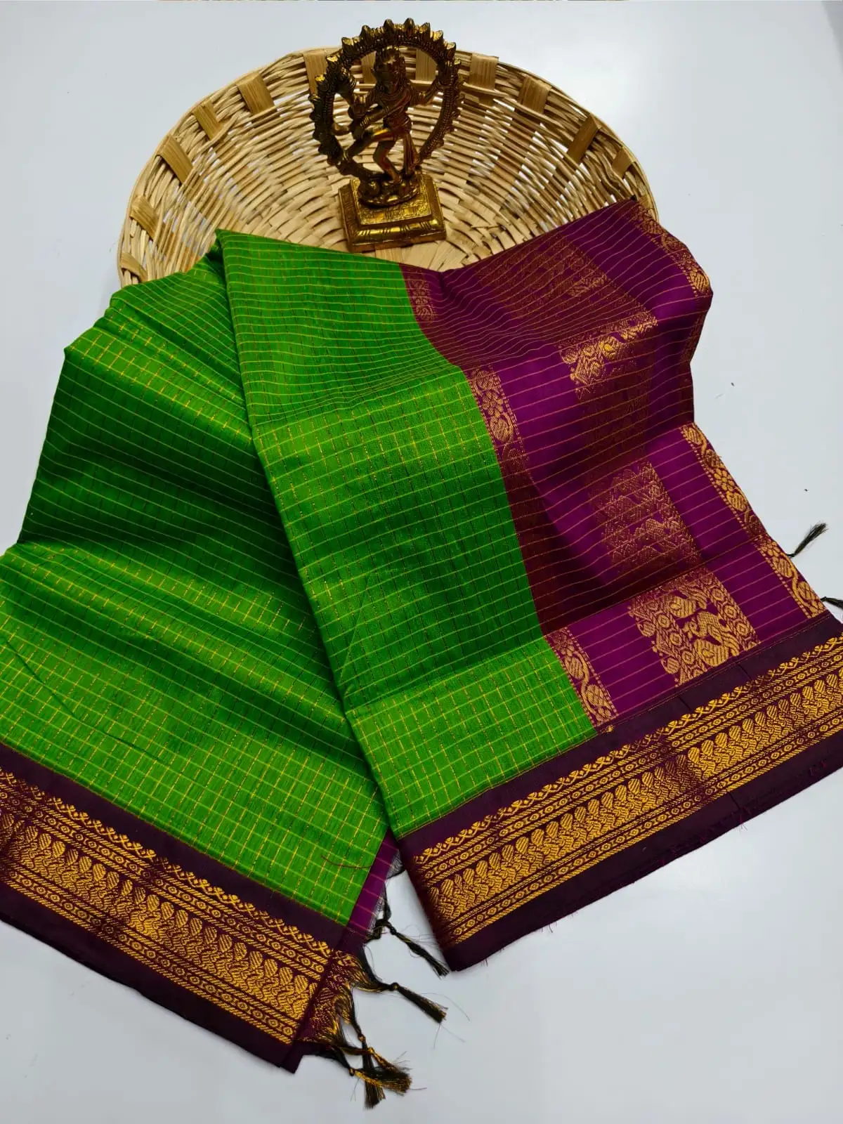 Parrot Green Checked Zari Puttas Cotton Saree